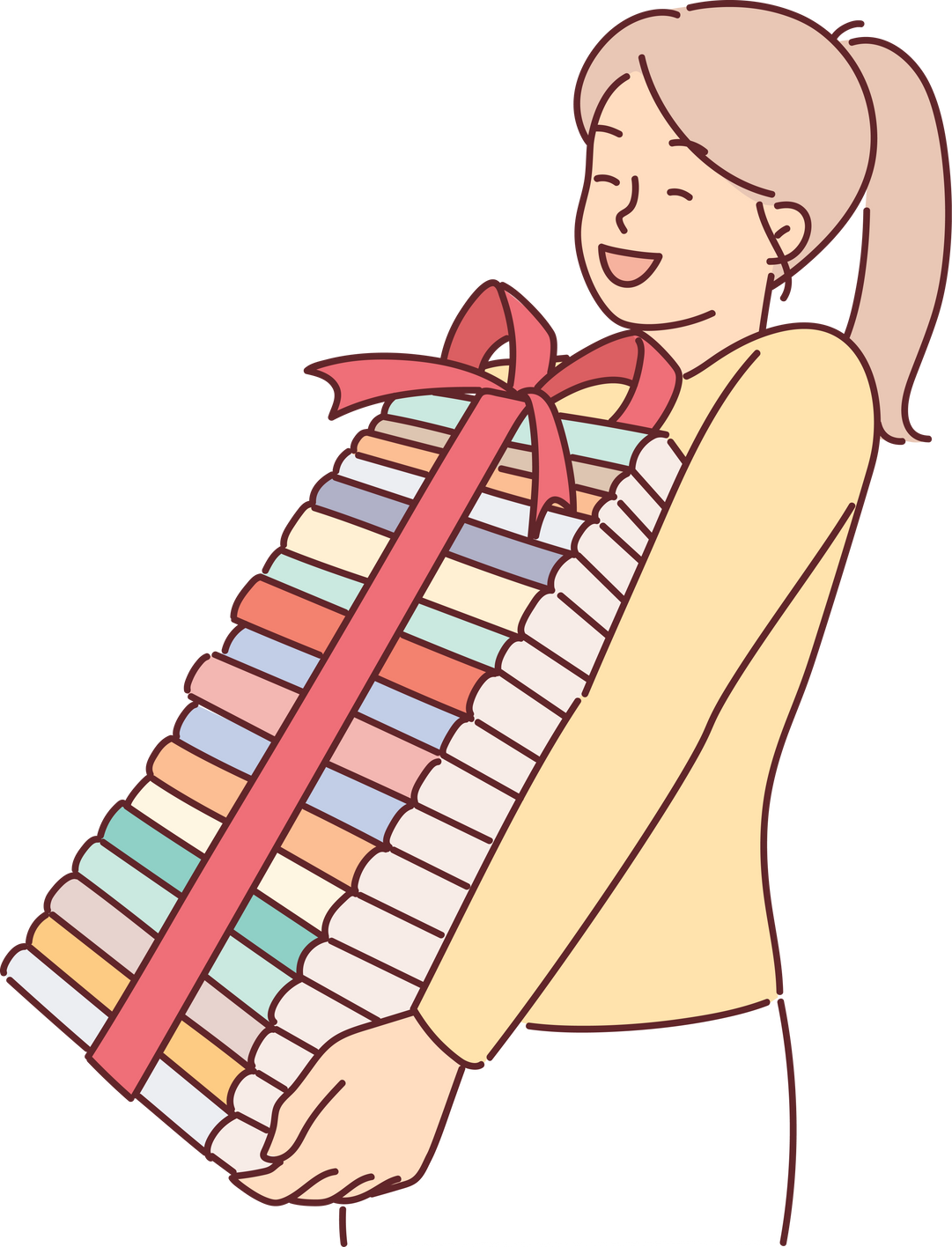 Girl with books with gift bow rejoices at opportunity to gain knowledge and read new literature