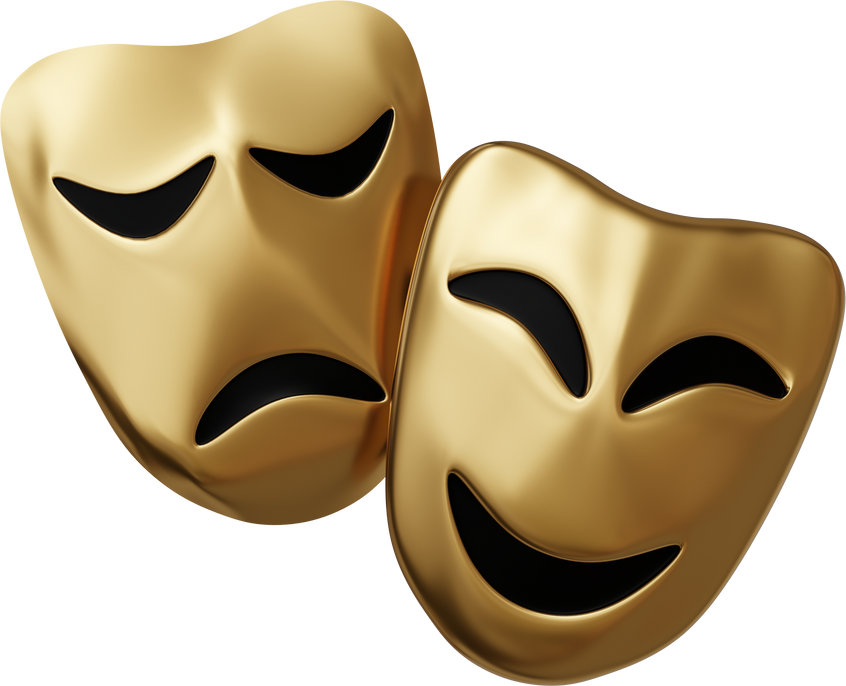 gold theatre theatrical tragedy drama comedy mask isolated on white background. gold emotion theatre theatrical tragedy drama comedy mask isolated. gold theatre theatrical drama comedy 3d render