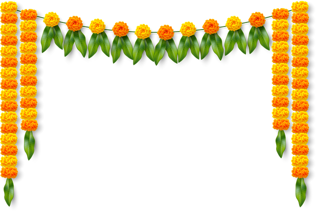 Traditional Indian Floral Garland with Marigold Flowers and Mango Leaves. Decoration for Indian Hindu Holidays or Wedding.